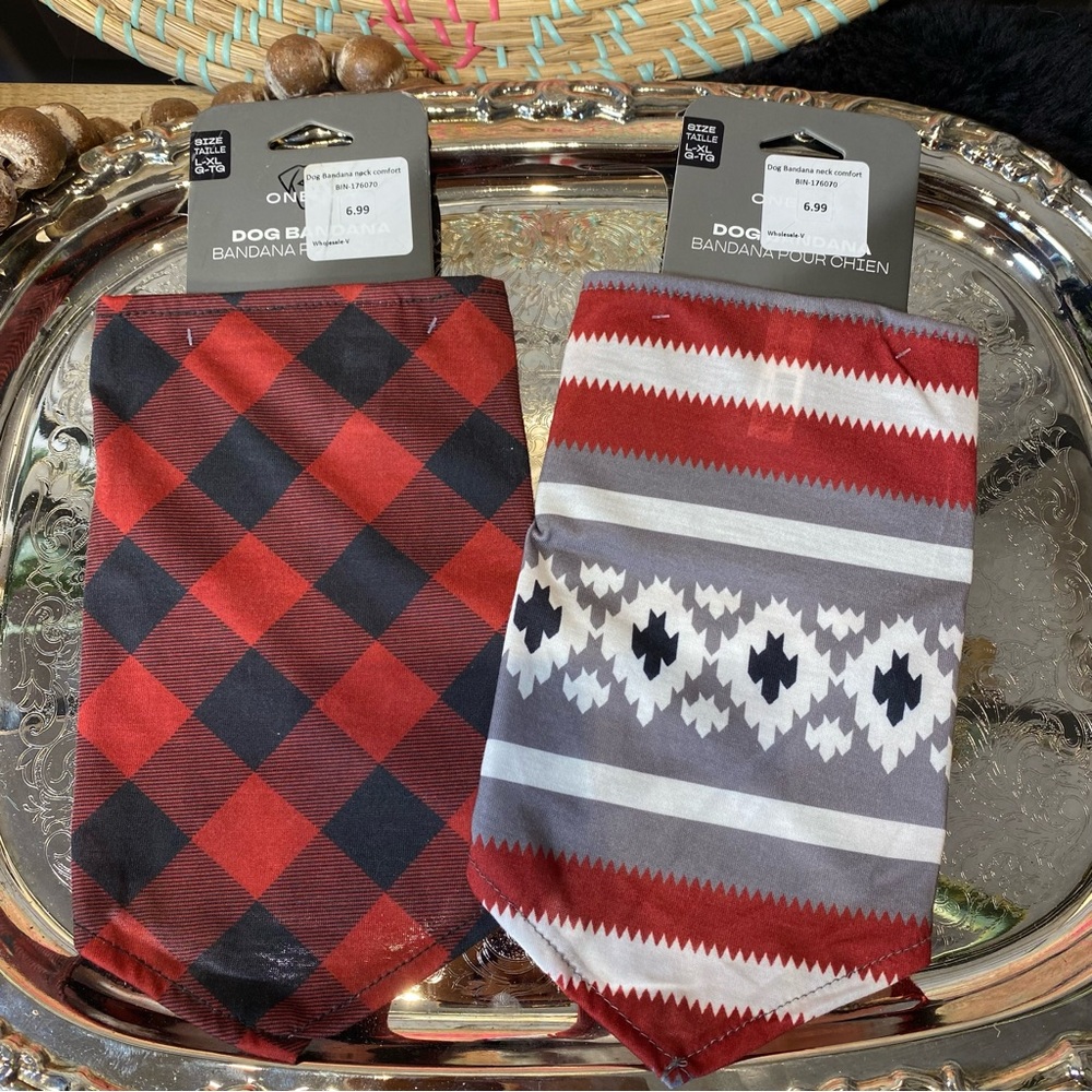 Two New OnePaw Dog Bandanas - Red & Black Buffalo Plaid and grey snowflake L/XL